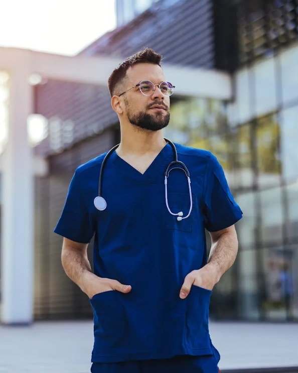 Healthcare provider in scrubs outside a hospital